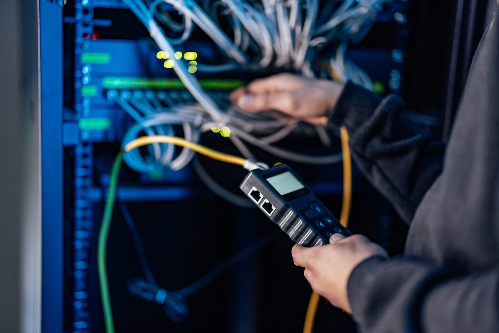 Two hands of a man testing the connectivity of a server cabinet with a testing device on cables